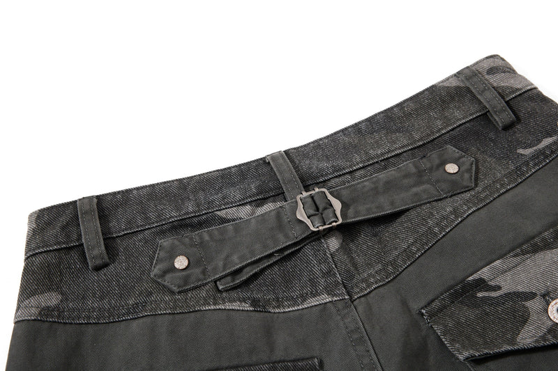 Close-up of black camo back waistband with adjustable strap buckle