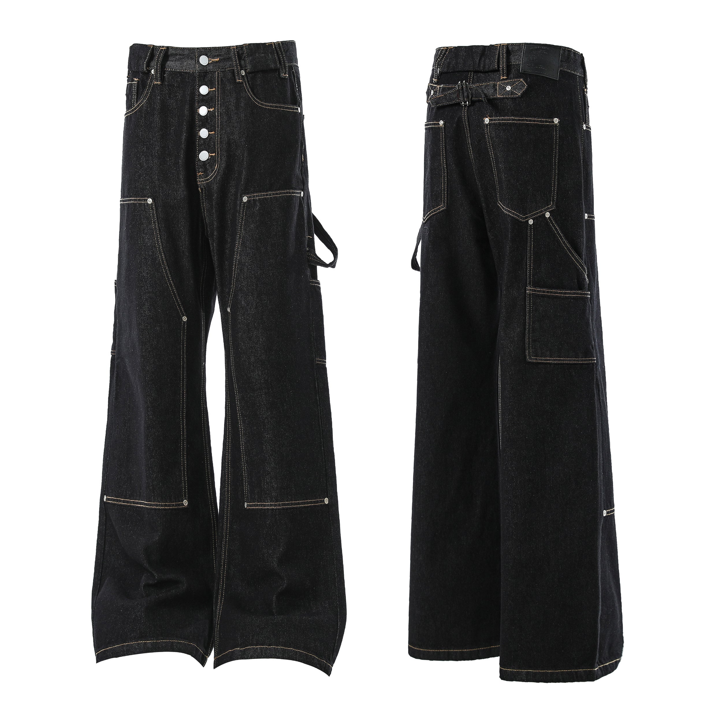 Omirad Multi-Pocket Wide-Leg Cargo Denim Pants | Black