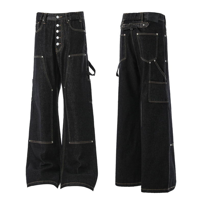 Black wide-leg cargo denim pants shown front and back with multiple pockets and contrast topstitching