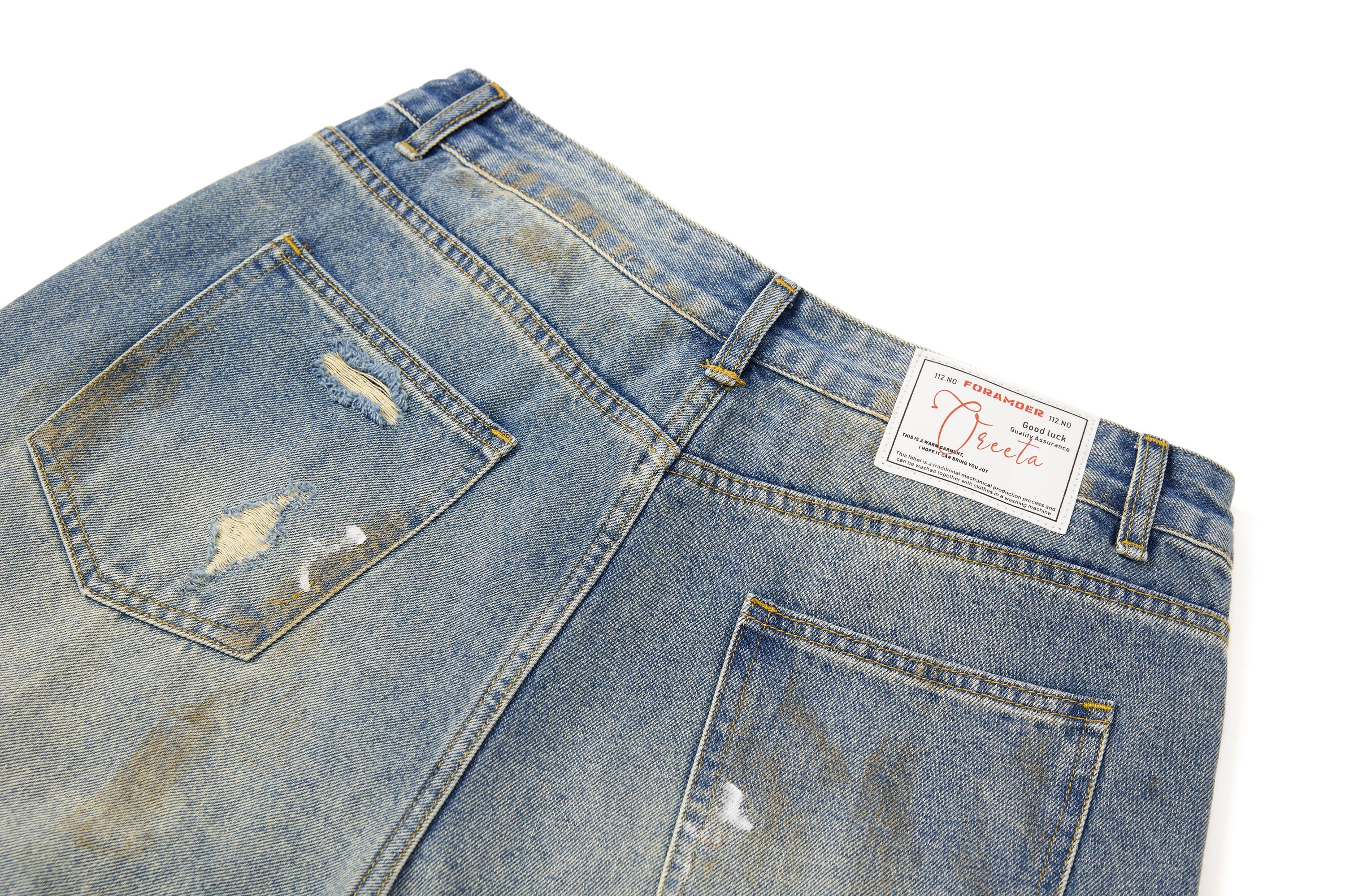 Omirad Distressed Vintage Washed Wide-Leg Denim Pants