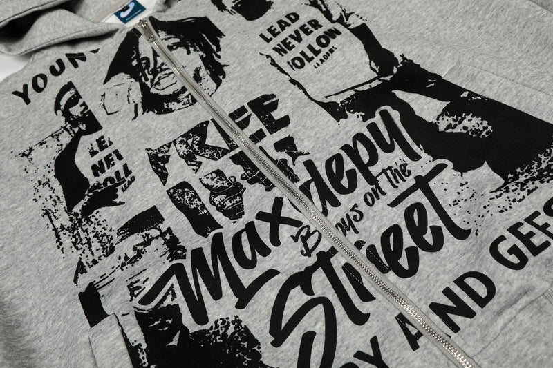 Light gray zip-up hoodie front with large black graphic text and print