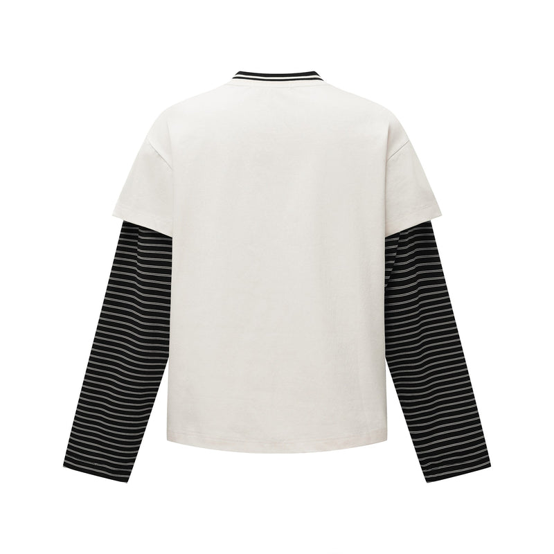 Back view of cream layered long-sleeve tee with striped sleeves and plain back