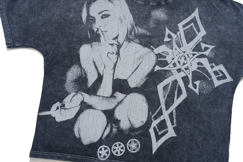 Vintage washed black gothic graphic T-shirt with a monochrome seated figure and bold distressed streetwear lettering