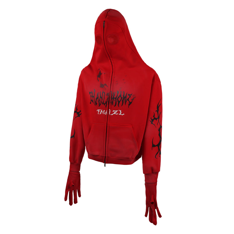 Red full-zip masked hoodie front view with black gothic graphic print and glove cuffs