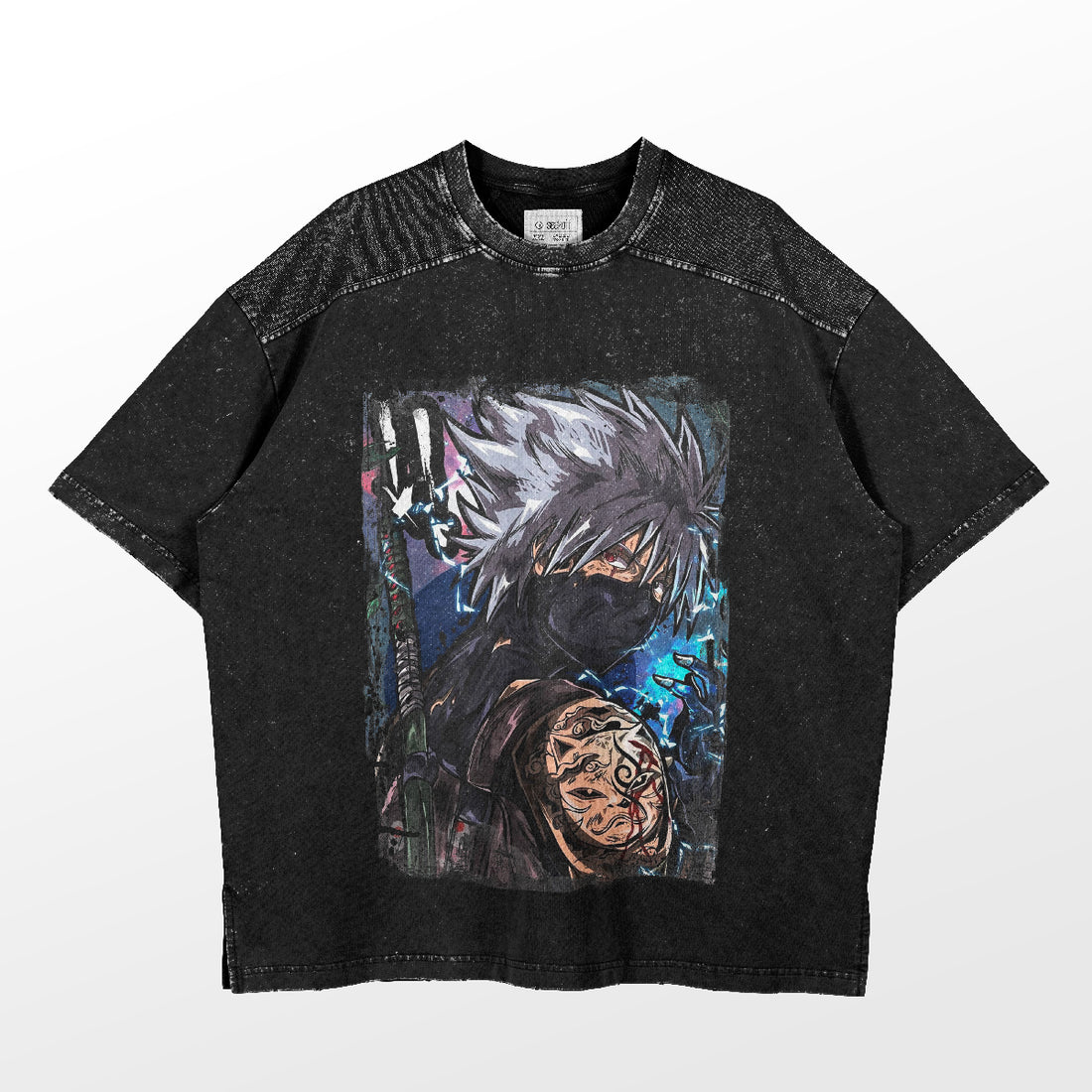 The Naruto Kakashi Hatake Tattoo T-Shirt by Naruto features a graphic of a character with spiky gray hair, mask, and tattooed arm on a vibrant urban backdrop. Ideal for anime fans, it offers textured fabric on the shoulders for added appeal.