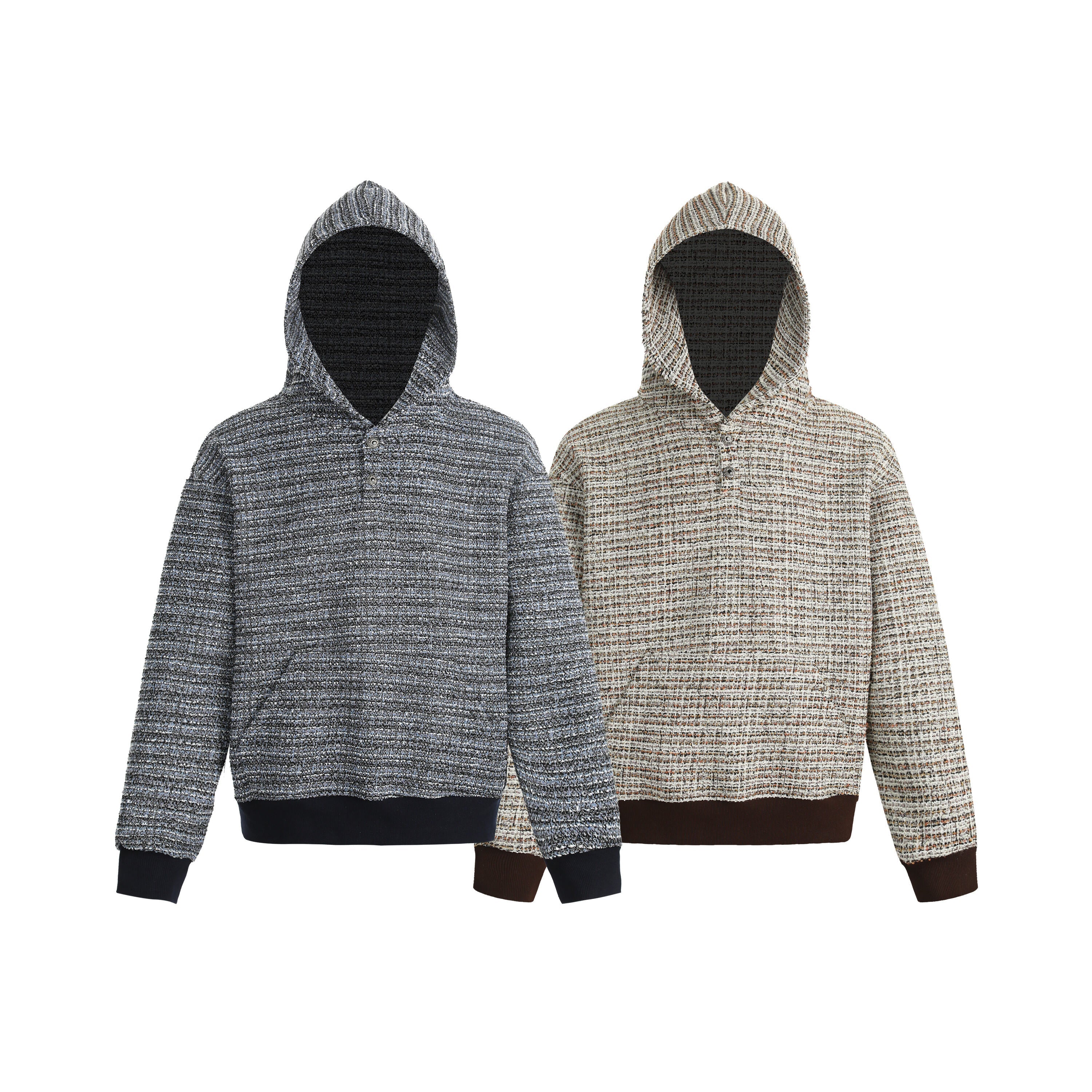 Two textured knit pullover hoodies side by side, grey-black and cream-brown colorways, with ribbed cuffs and kangaroo pocket