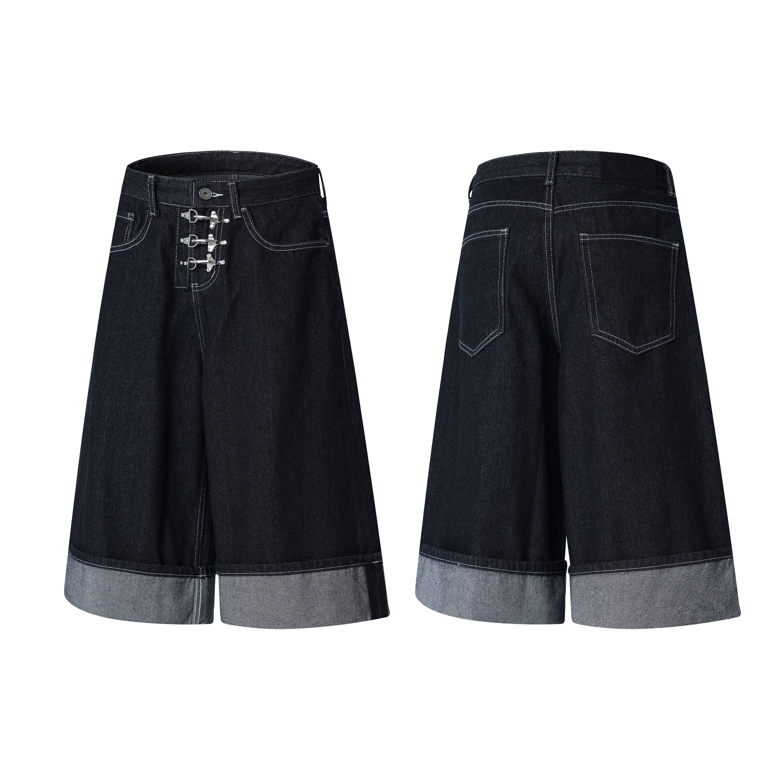 Front and back view of dark wash wide-leg denim shorts with silver buckle hardware and cuffed hem