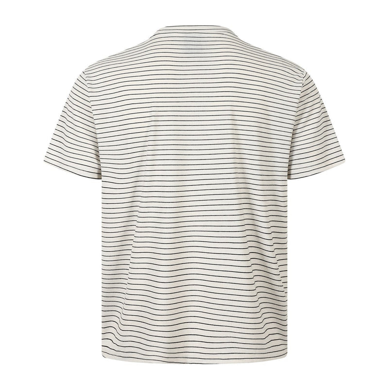 Cream and black striped short sleeve T-shirt with a relaxed fit and subtle embroidered streetwear style on back view