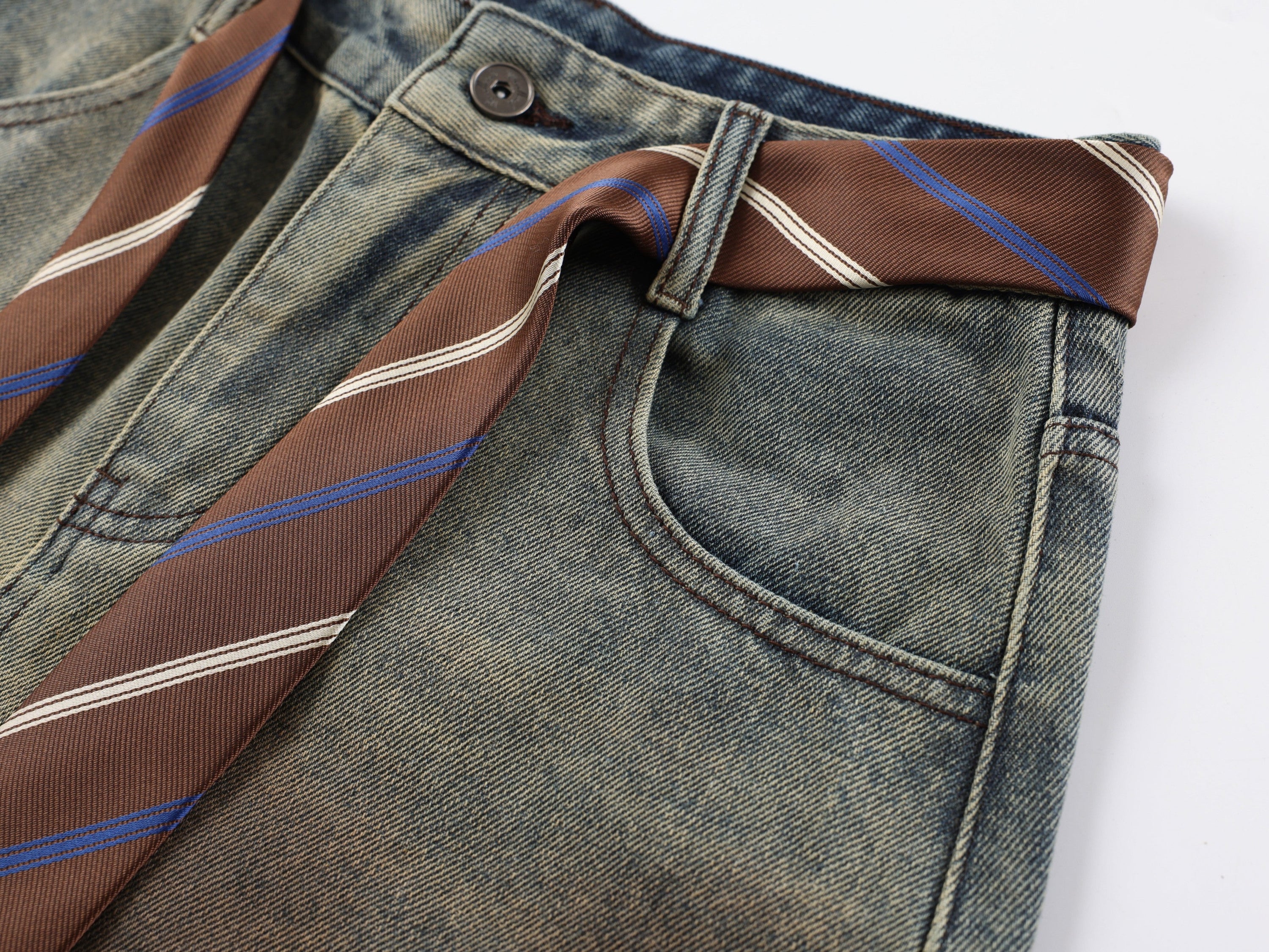 Wide-Leg Denim Pants with Tie Waist Detail | Vintage Wash