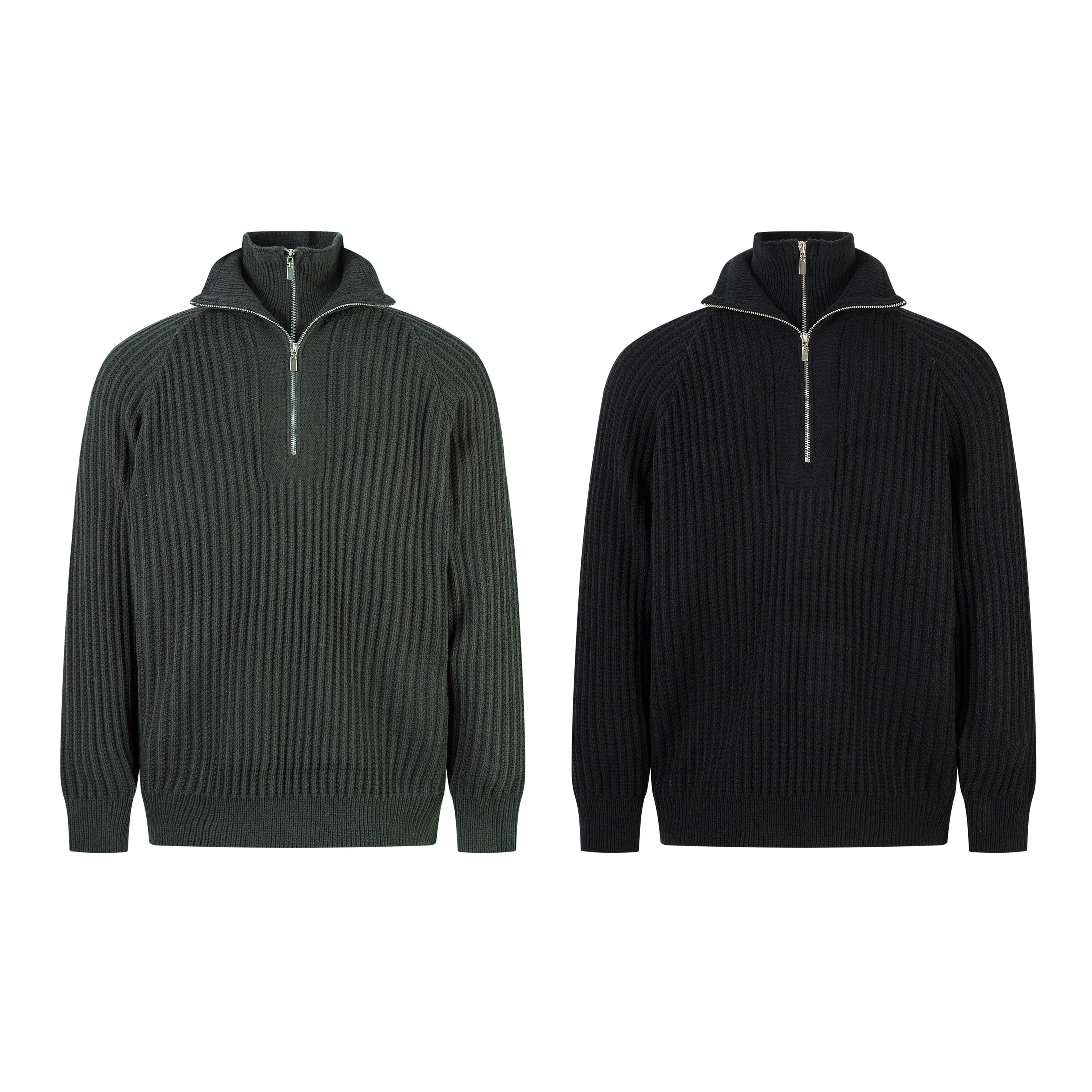 Men's ribbed half-zip knit sweater in dark green and black, shown side by side on a white background