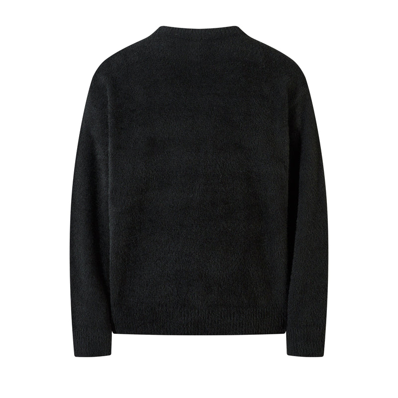 Black fuzzy knit crewneck sweater shown from the back