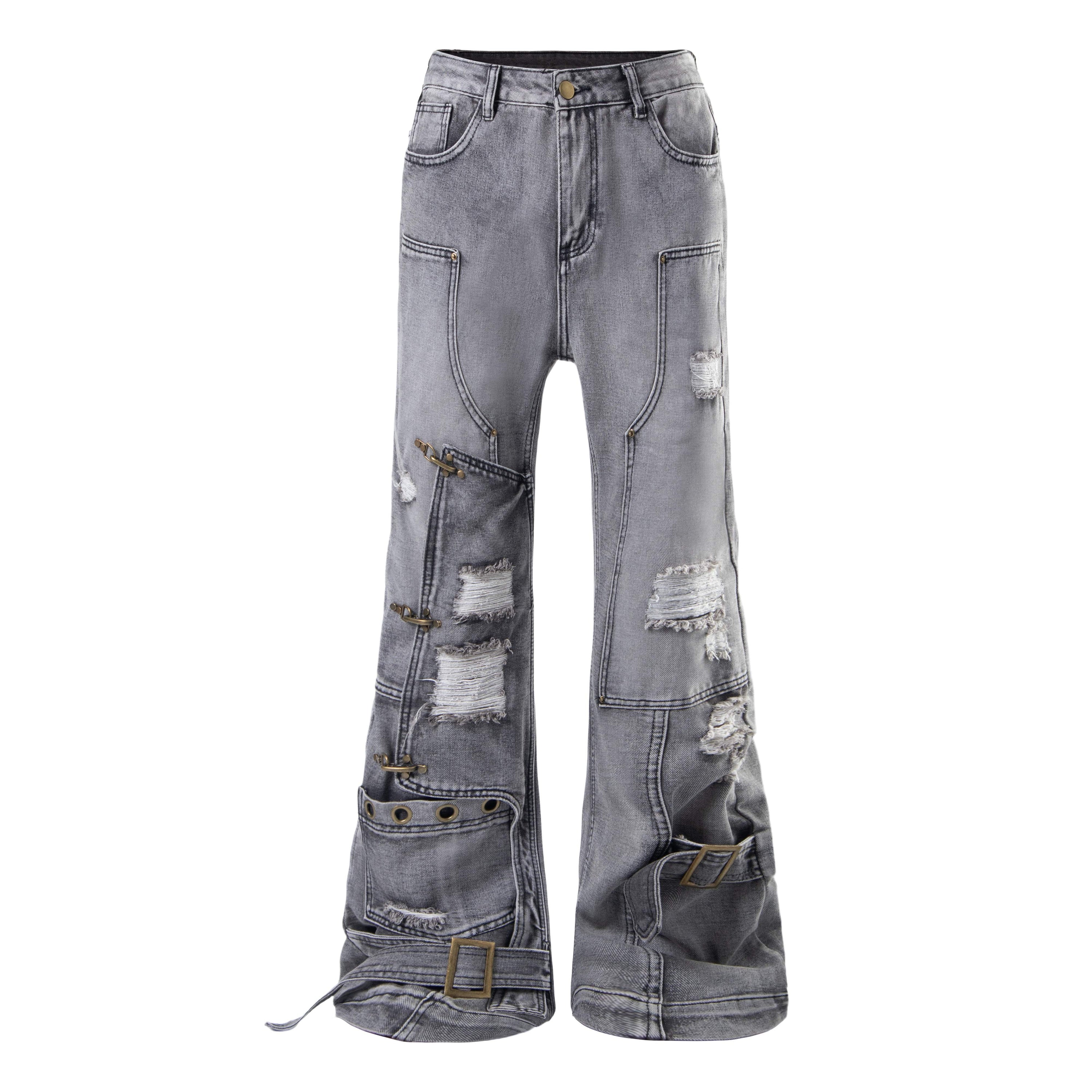 Omirad Distressed Flare Jeans | Y2K Grey Wash Denim