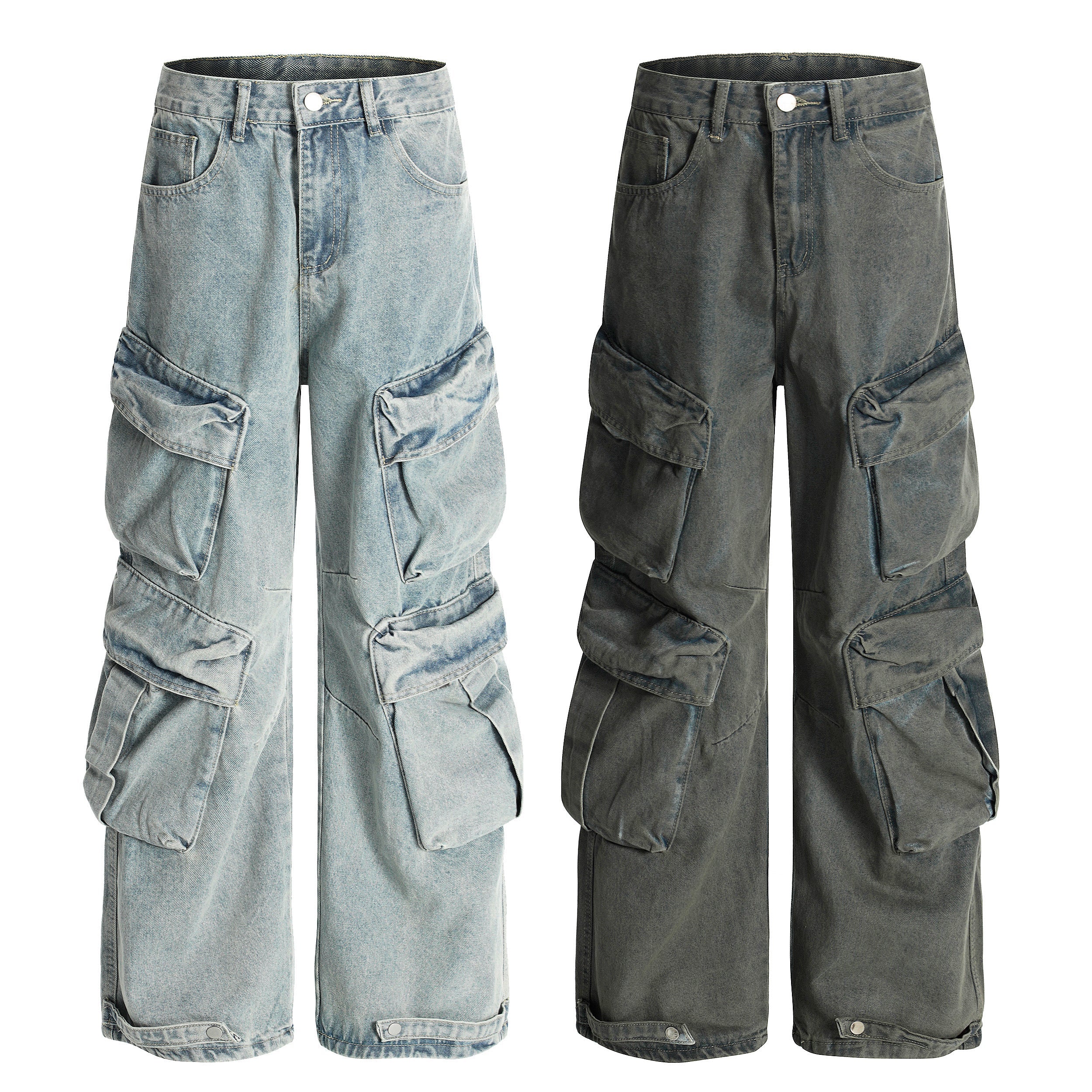 Front view of wide-leg multi-layer cargo denim pants in light blue and dark grey washes with stacked 3D pockets