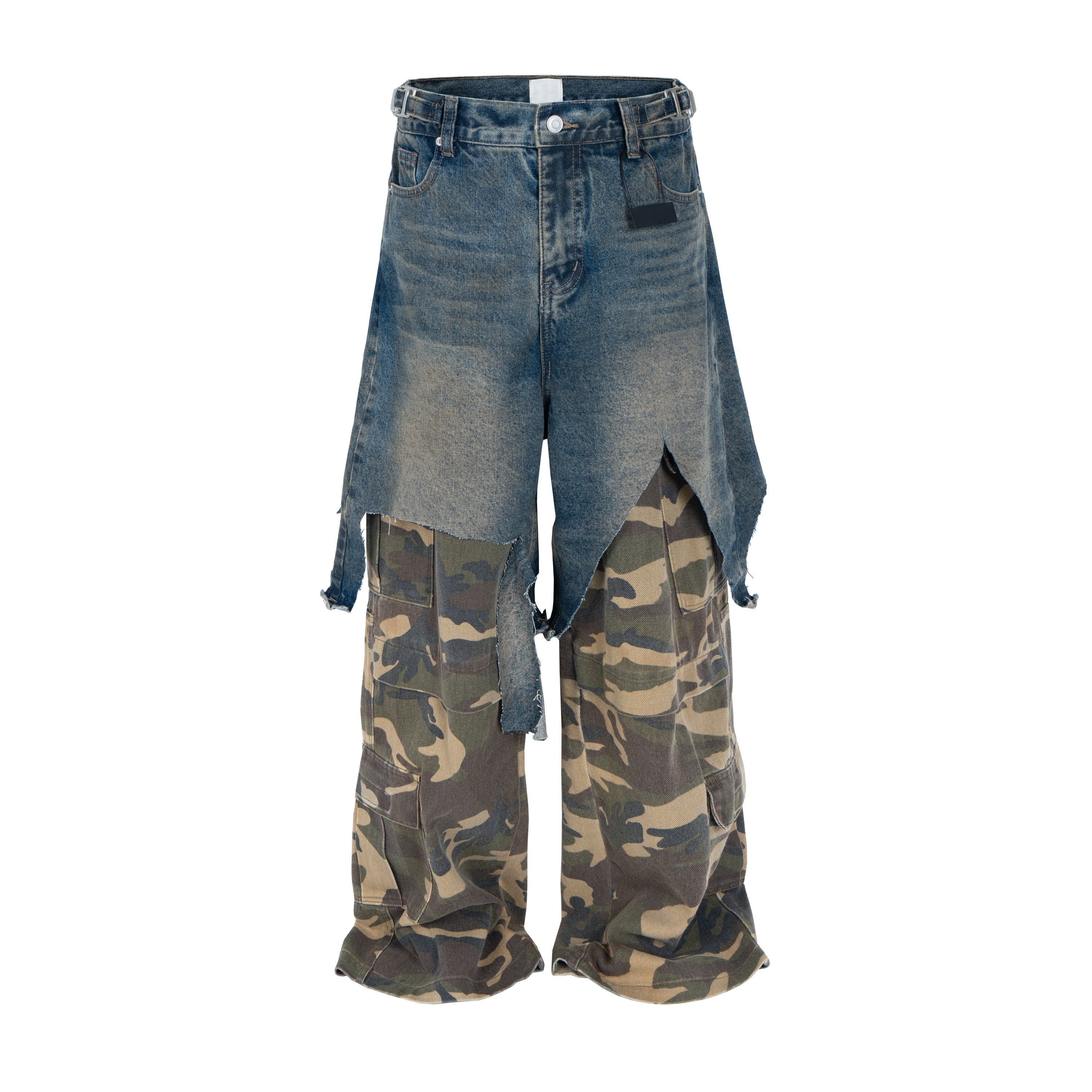 Front view of layered hybrid pants with distressed denim overlay and camouflage wide-leg cargo base on white background