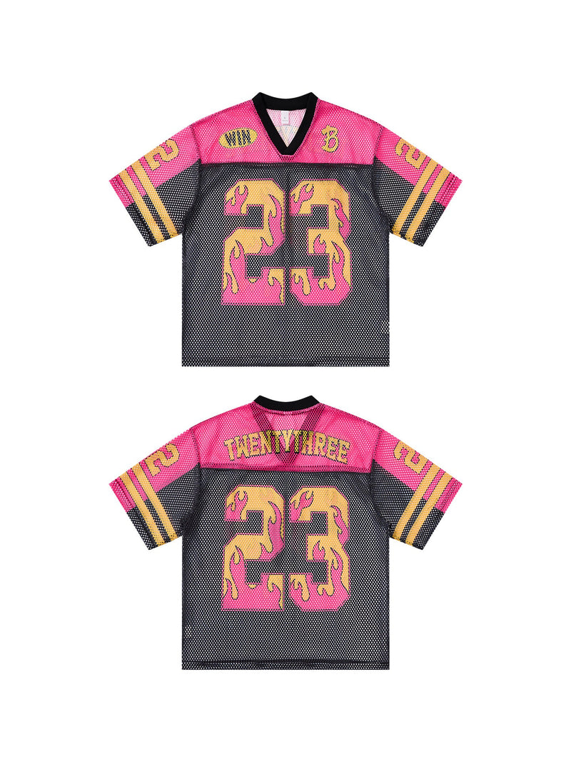 Black and pink mesh football jersey with flame number 23 and TwentyThree back print