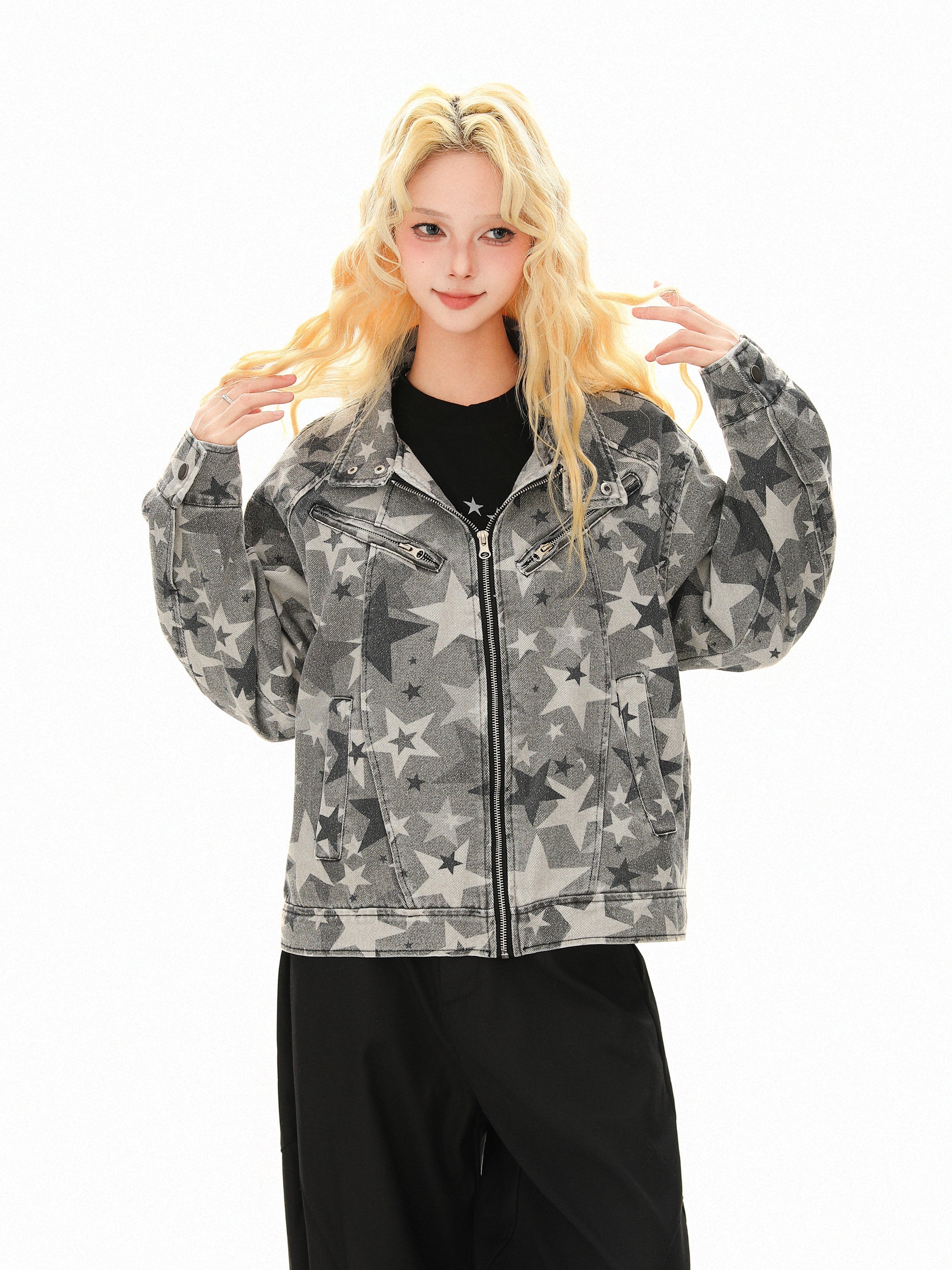 Omirad All-Over Star Print Washed Denim Jacket | Grayscale