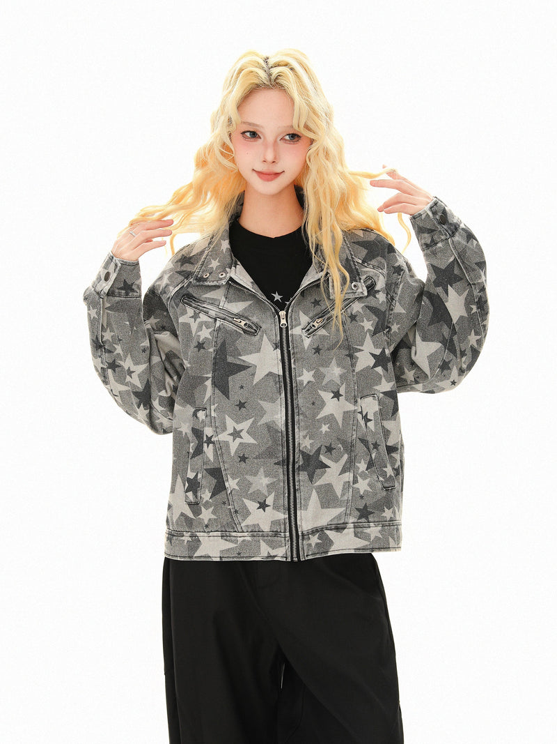Omirad All-Over Star Print Washed Denim Jacket | Grayscale