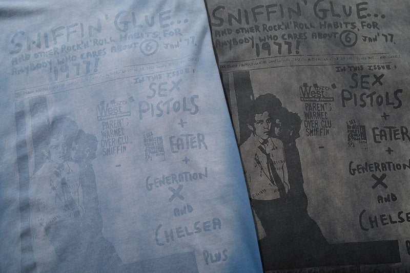 Washed graphic T-shirt with a Sniffin Glue punk zine print and faded Sex Pistols-inspired artwork