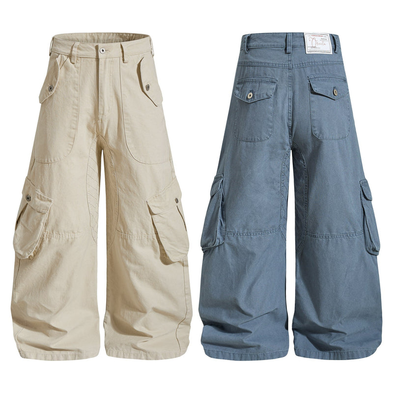 Side-by-side beige and blue cargo pants back views with flap pockets