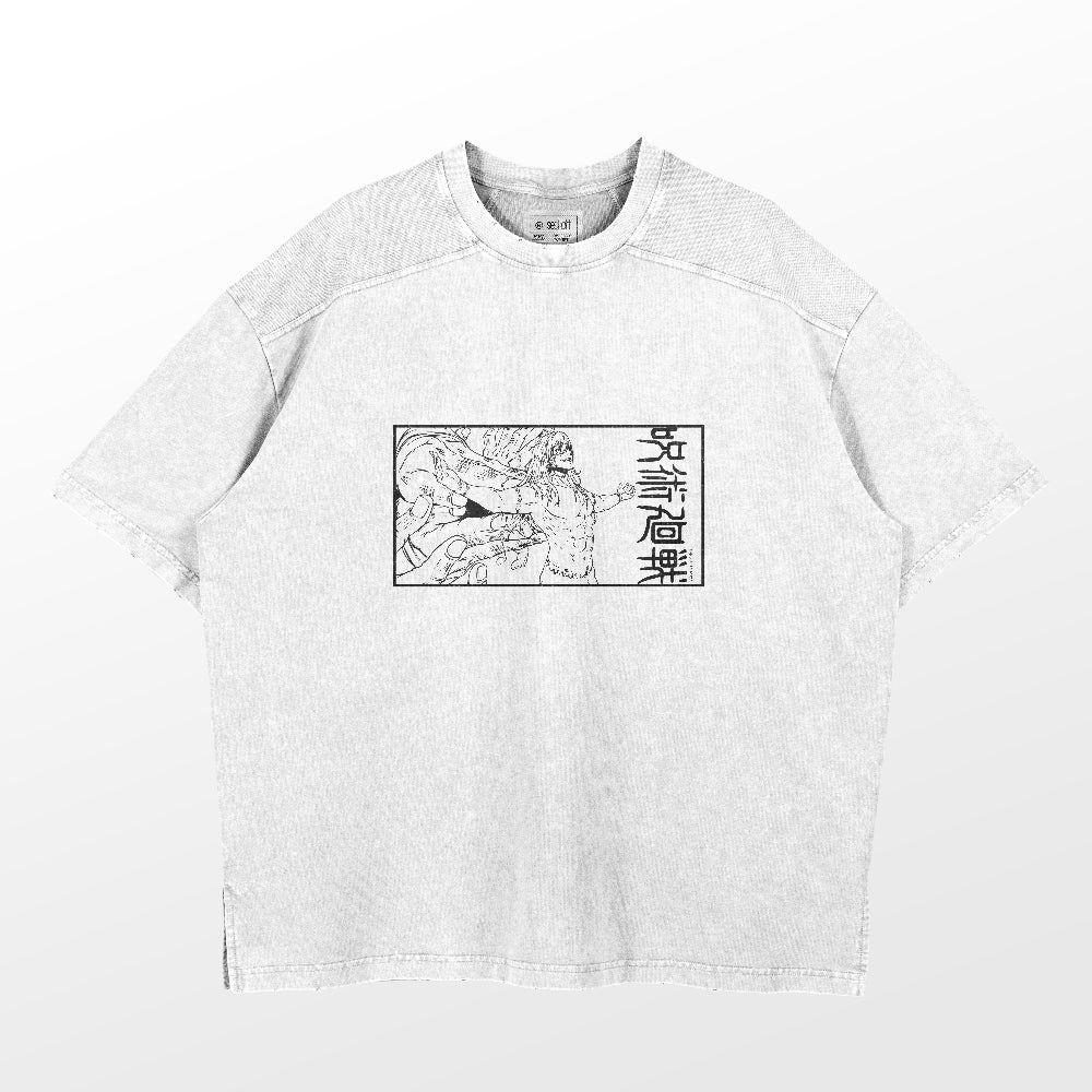 The Jujutsu Kaisen Mahito Washed Vintage T-Shirt features a detailed black and white graphic of intricate Japanese characters, inspired by Mahito. Made from 260 GSM premium cotton, this gray tee has short sleeves and a crew neckline, with the high-definition design enhancing the vintage washed look.