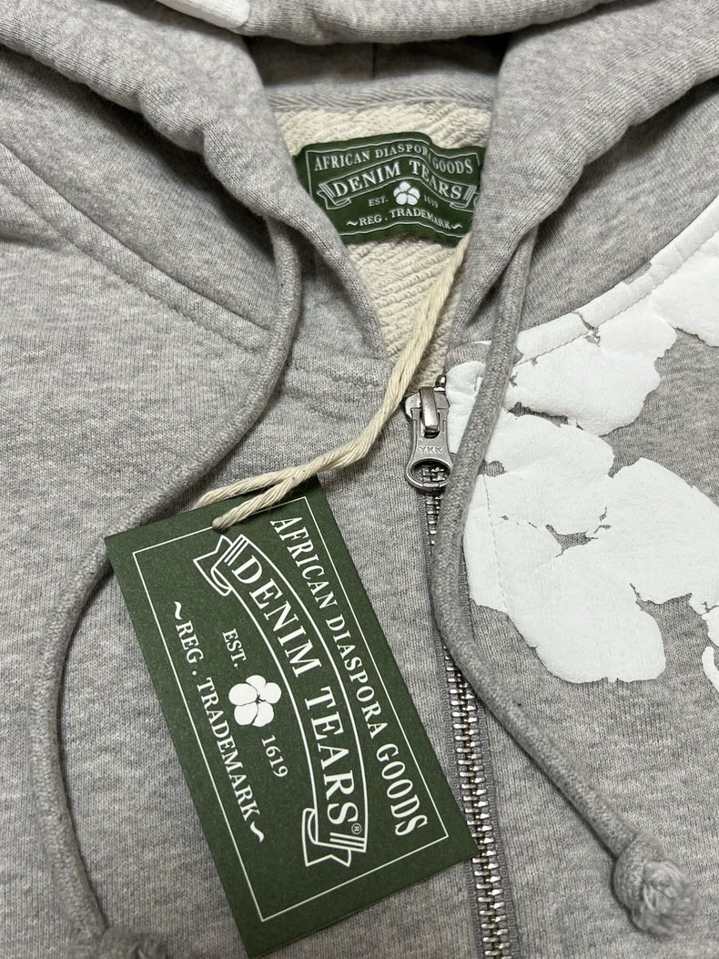 Denim Tears Cotton Wreath Puff Print Zip-Up Hoodie – Grey