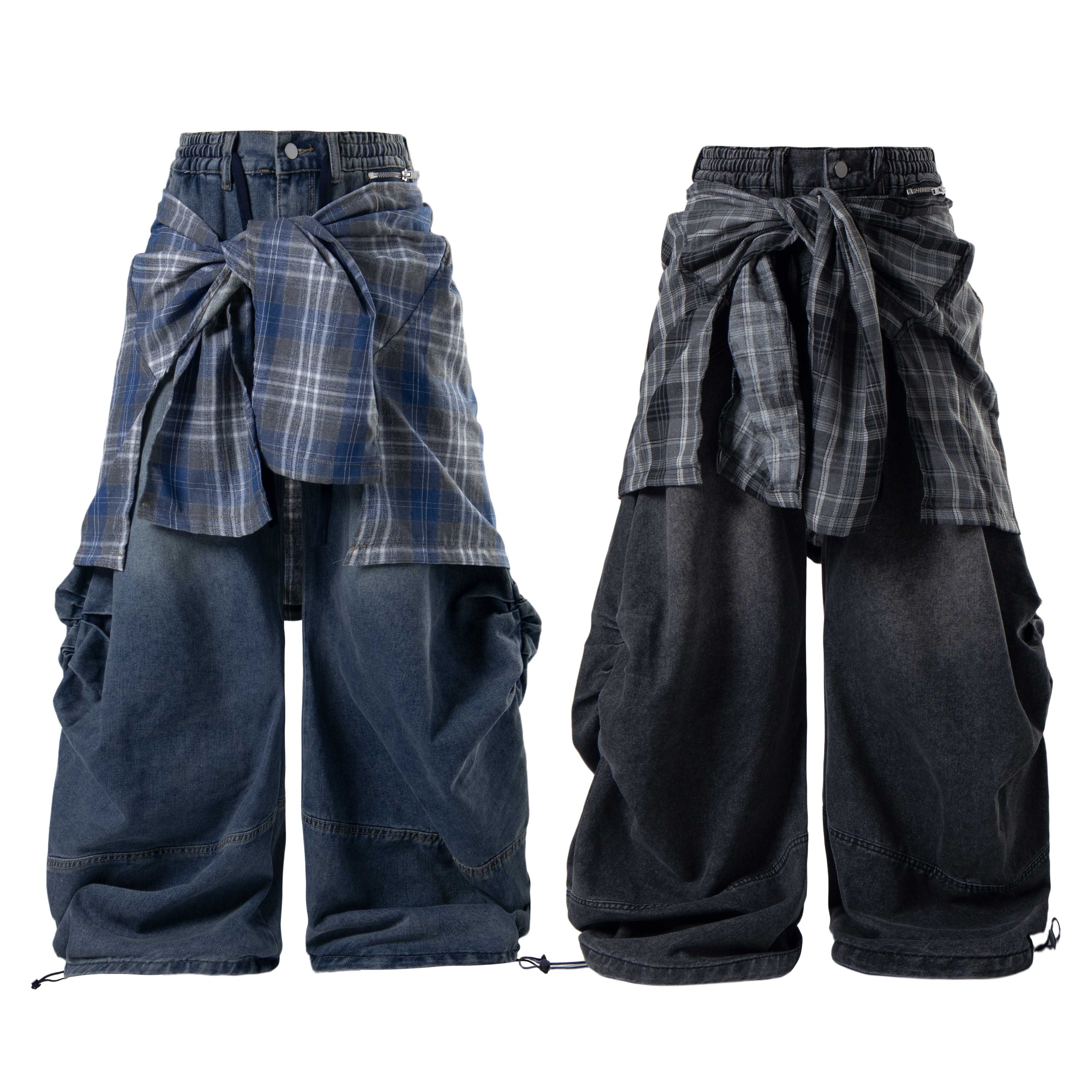 Omirad layered plaid baggy jeans in blue and black denim with integrated plaid shirt wrap detail, wide-leg fit, front and bac