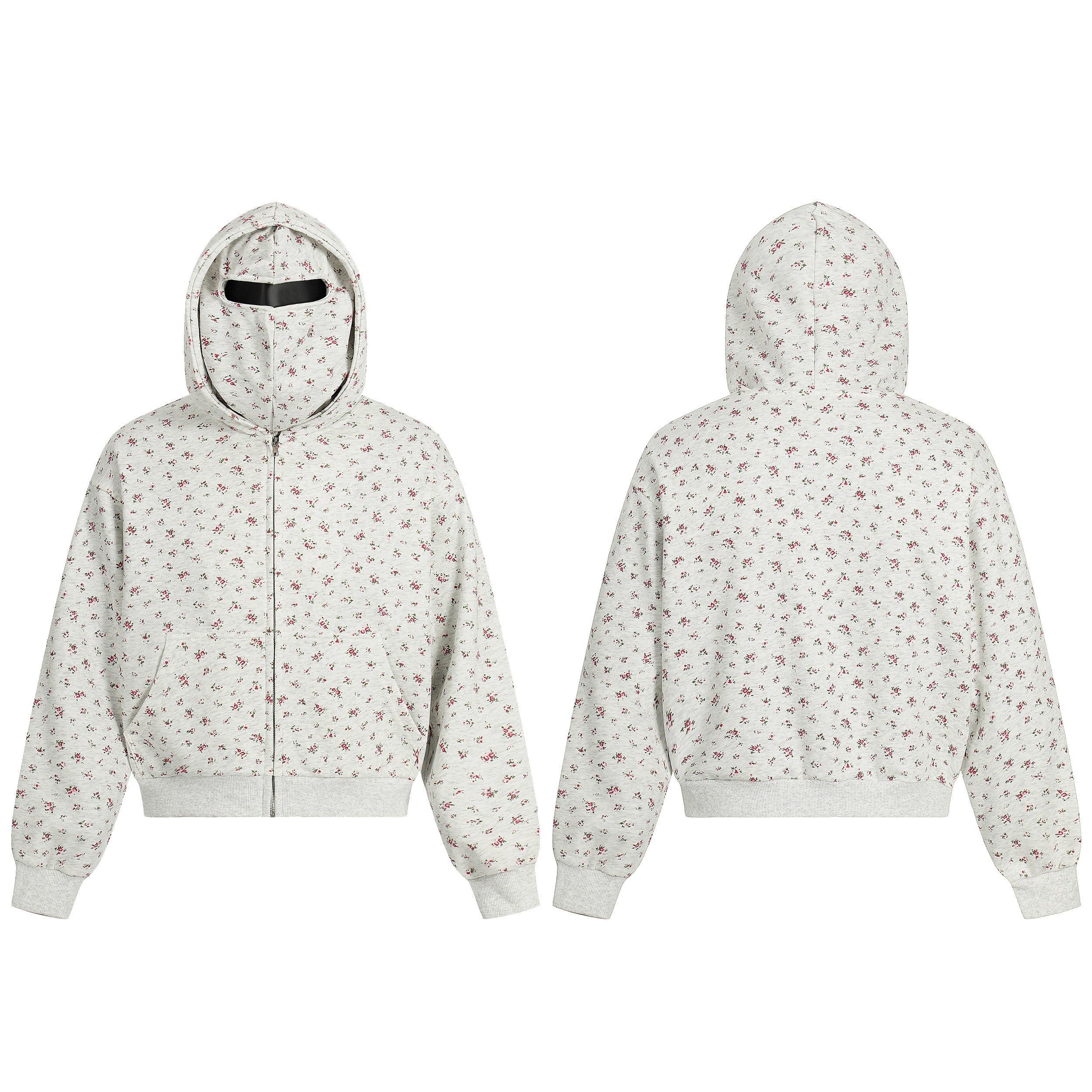 Front and back view of a light grey floral print zip hoodie with an integrated balaclava hood and black visor opening