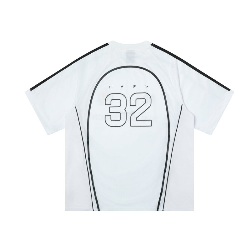 White Taeleplus Union 32 soccer jersey tee with black piping and oversized number print on the back