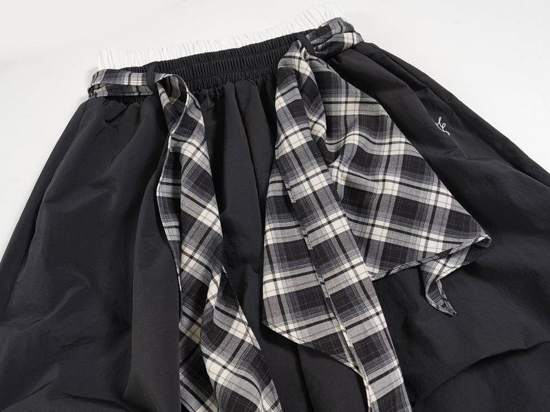 Omirad Layered Draped Nylon Wide-Leg Pants with Plaid Insert