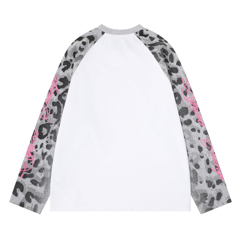 Back of white raglan long sleeve tee with gray leopard-print sleeves and pink script detail