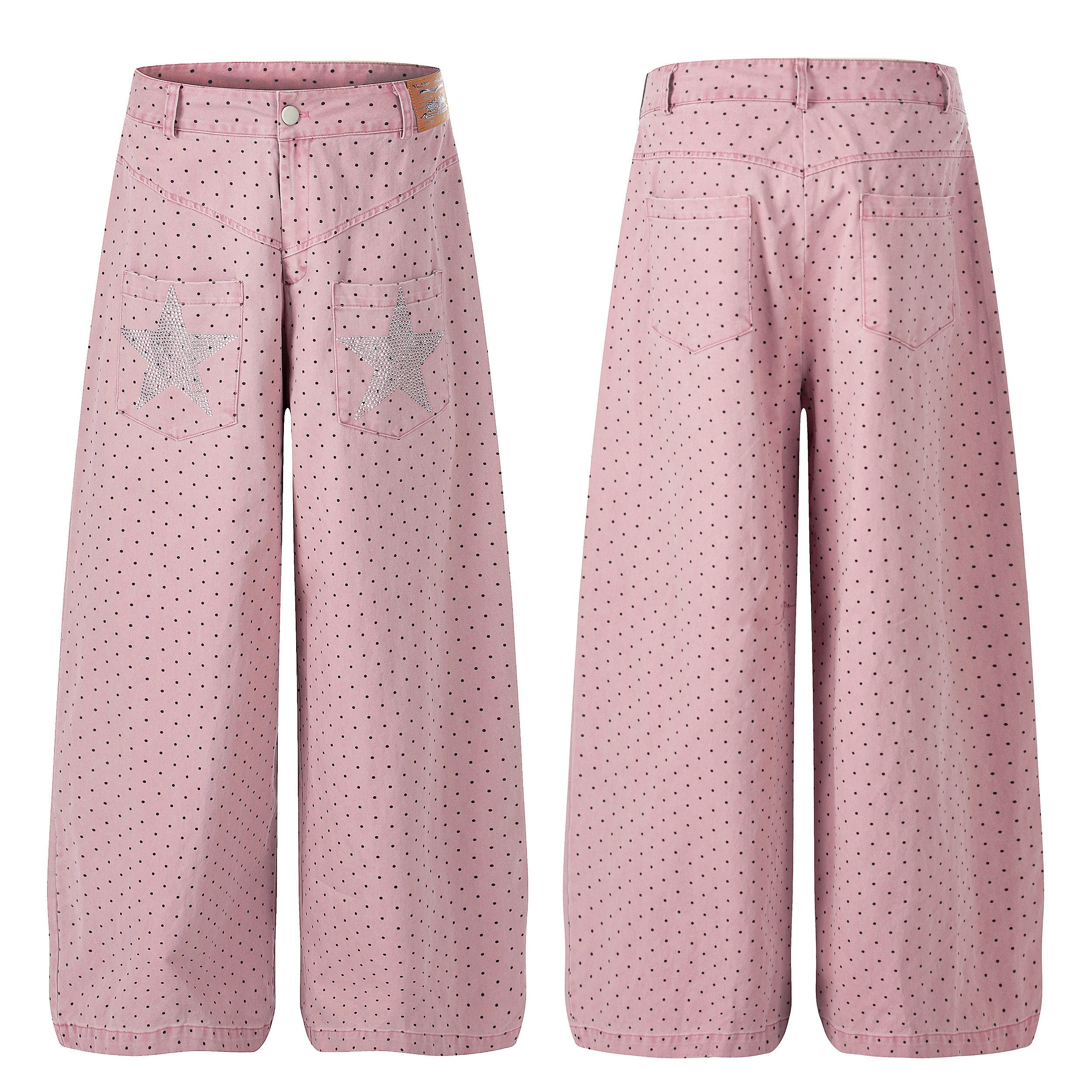 Pink polka dot wide-leg pants with rhinestone star patch pockets, shown front and back view on white background