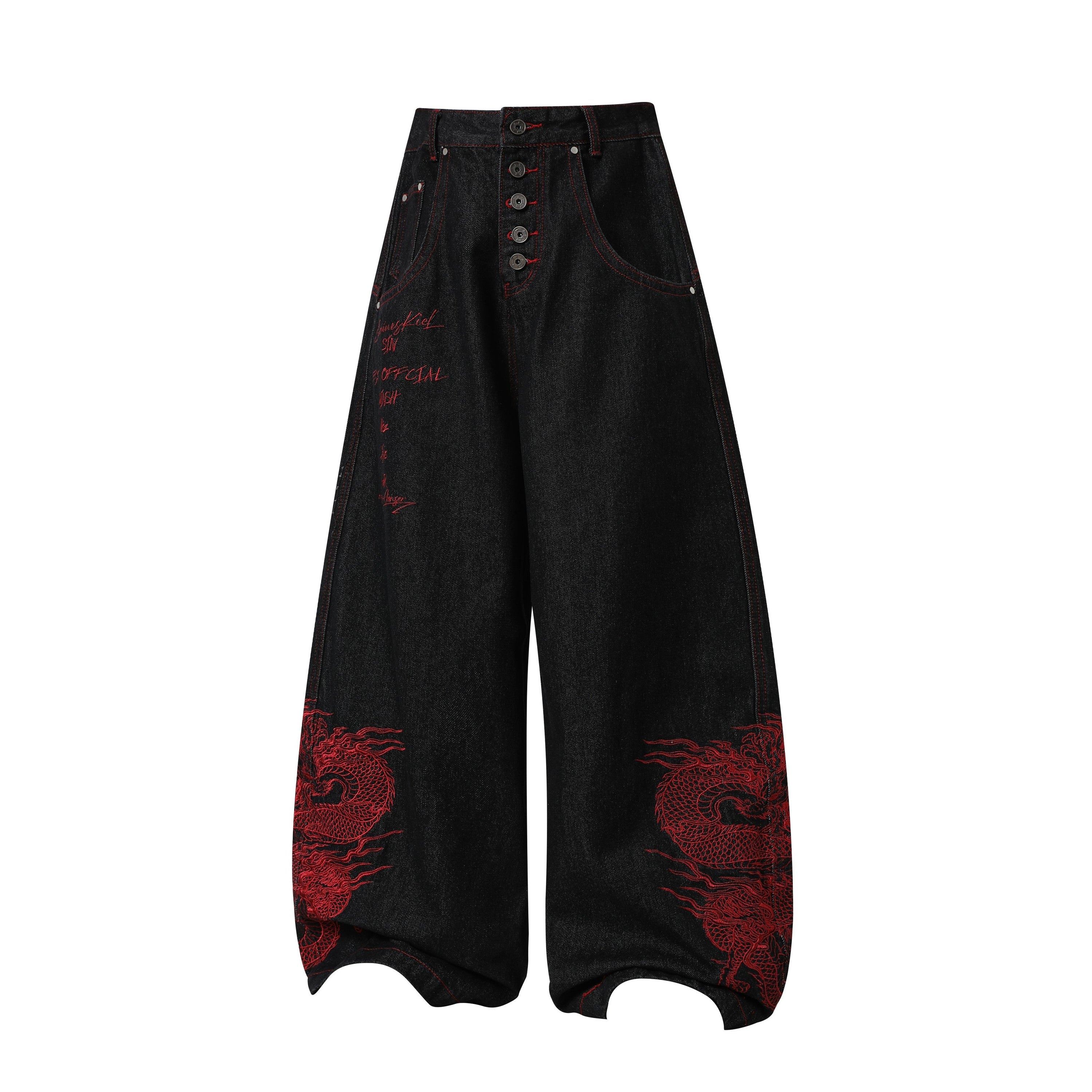 Dragon Embroidered Wide-Leg Black Denim Pants | Omirad