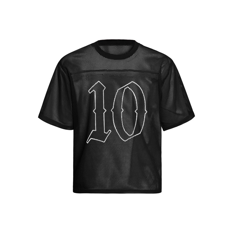Black mesh jersey tee with oversized white number 10 graphic and gothic streetwear styling