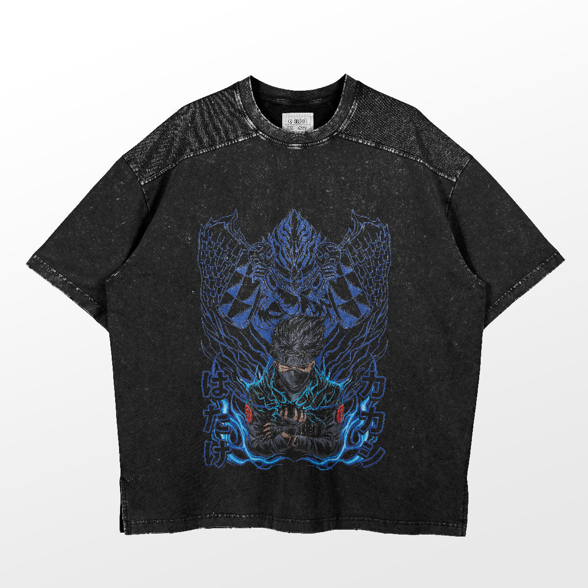 The Naruto Kakashi Hatake Lightning T-Shirt features a graphic of Kakashi with folded hands surrounded by flames, accented in blue and red with Japanese characters. A speckled texture adds depth to this Naruto-inspired design from Premium Anime Apparel.