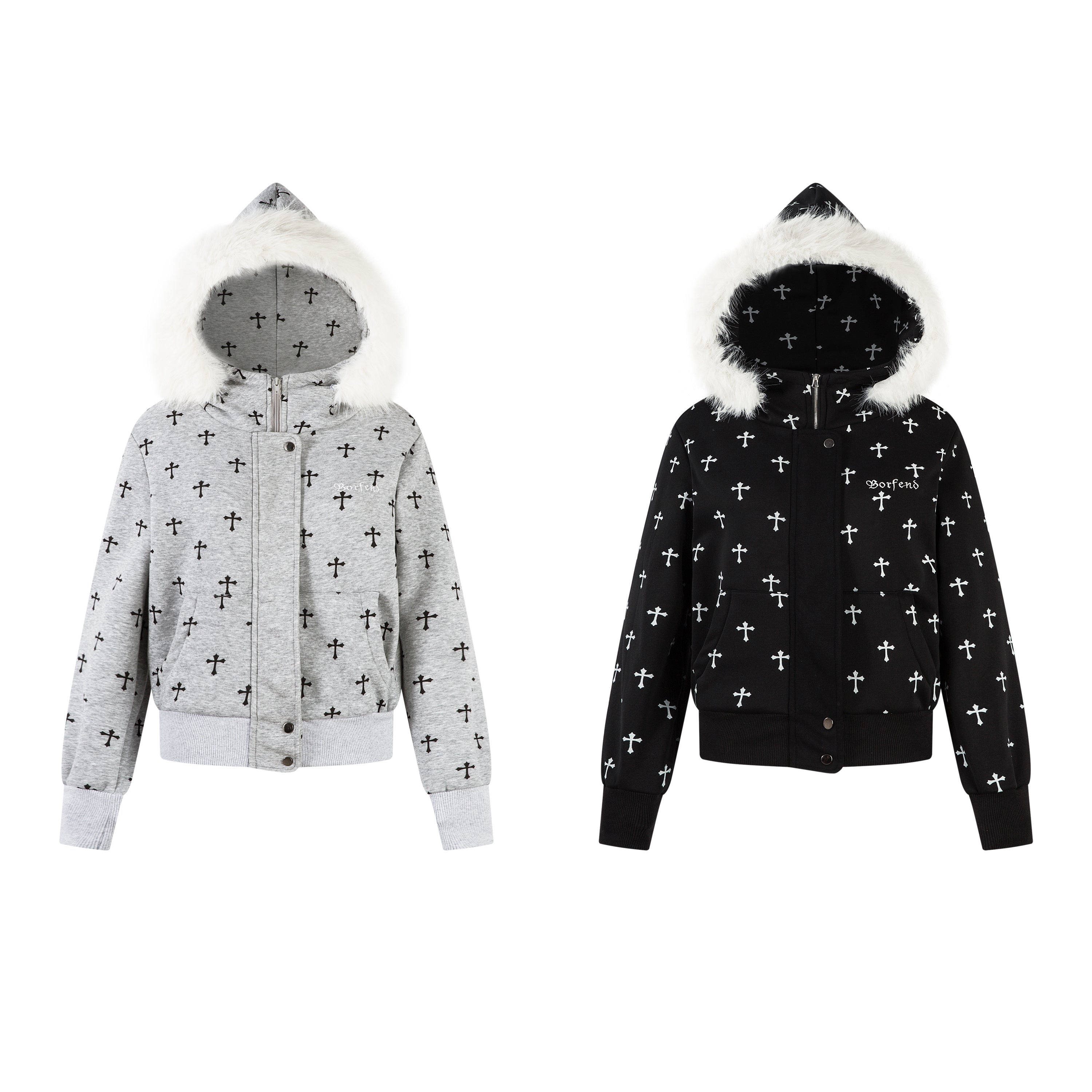 Heather grey hooded bomber jacket with all-over black gothic cross print and white faux fur hood trim, shown flat on white ba