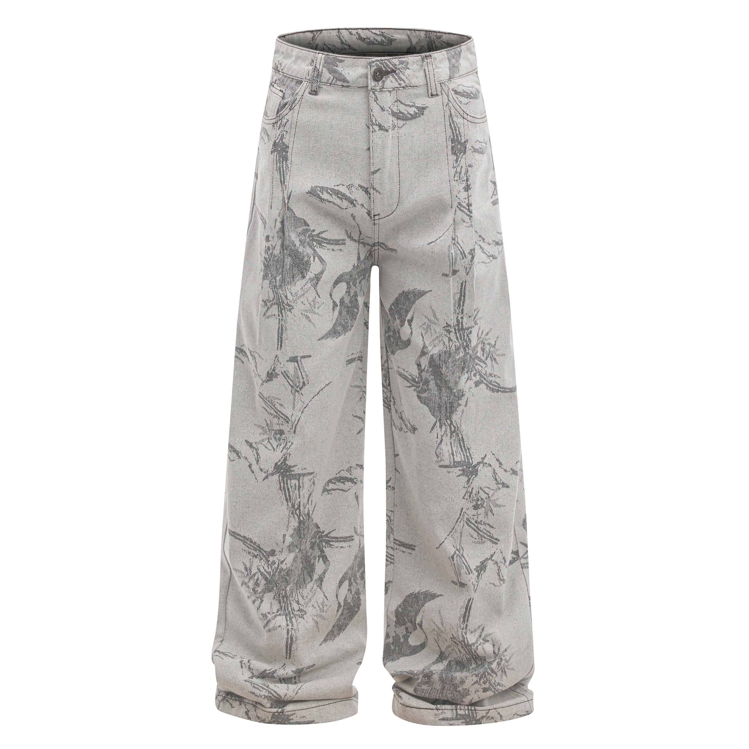Ink-Wash Print Wide-Leg Pants | Abstract Brushstroke Denim