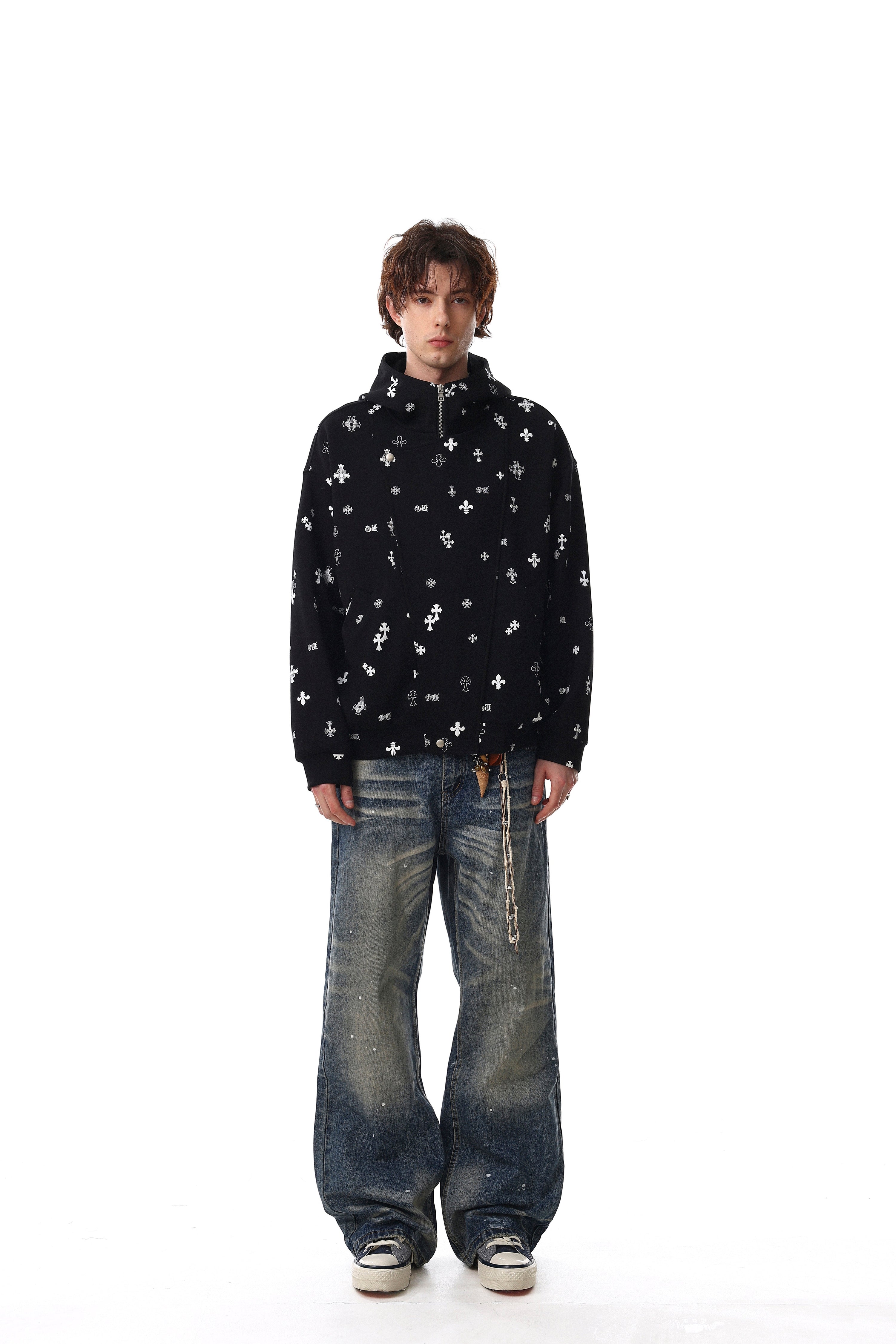 All-Over Gothic Cross Print Hooded Zip Jacket | Streetwear