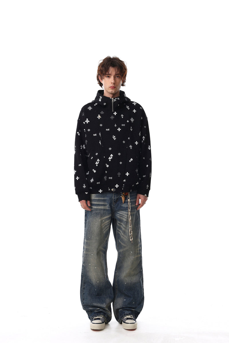 All-Over Gothic Cross Print Hooded Zip Jacket | Streetwear