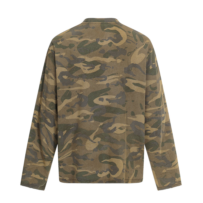 Back of camouflage long sleeve tee in brown, green, and tan tones