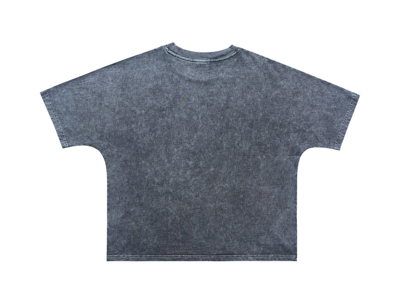 Vintage wash dark gray oversized graphic tee with short sleeves and relaxed fit