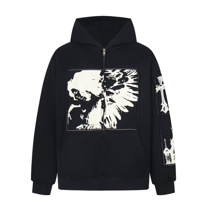 Black zip-up hoodie with white skull graphic on the front and sleeve