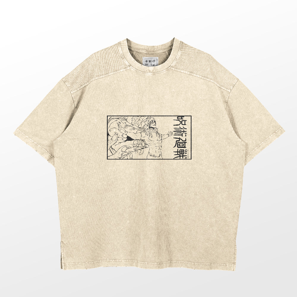 The Jujutsu Kaisen Mahito Washed Vintage T-Shirt is a beige top with a rectangular black graphic featuring detailed artwork and vertical Japanese text. Made from 260 GSM premium cotton, it has a round neck, short sleeves, and offers both style and comfort in anime streetwear fashion.