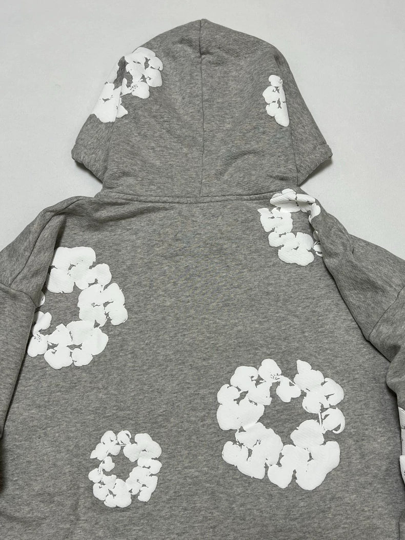 Denim Tears Cotton Wreath Puff Print Zip-Up Hoodie – Grey