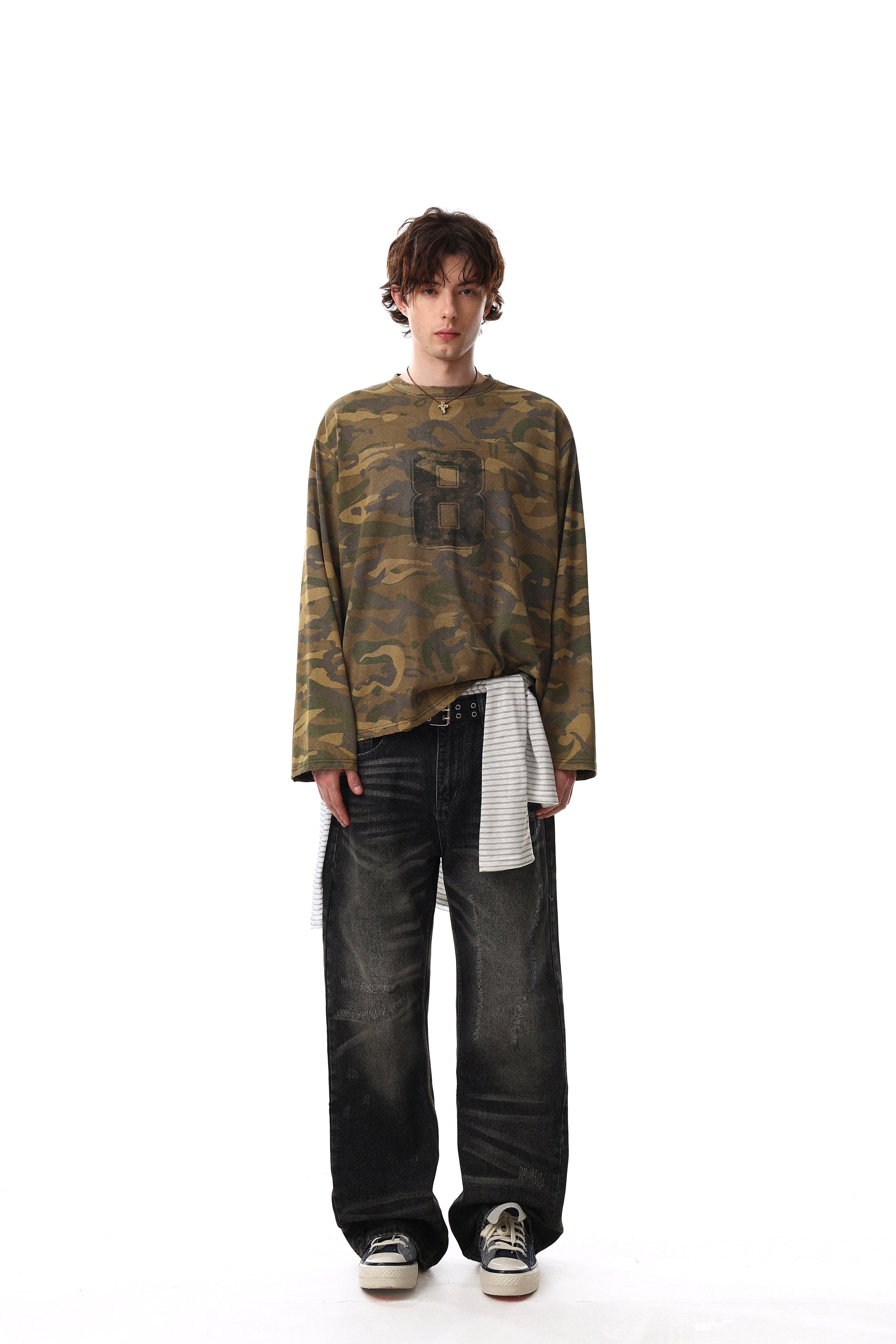 Camo Long Sleeve Tee | Faded Number Graphic Military Streetwear