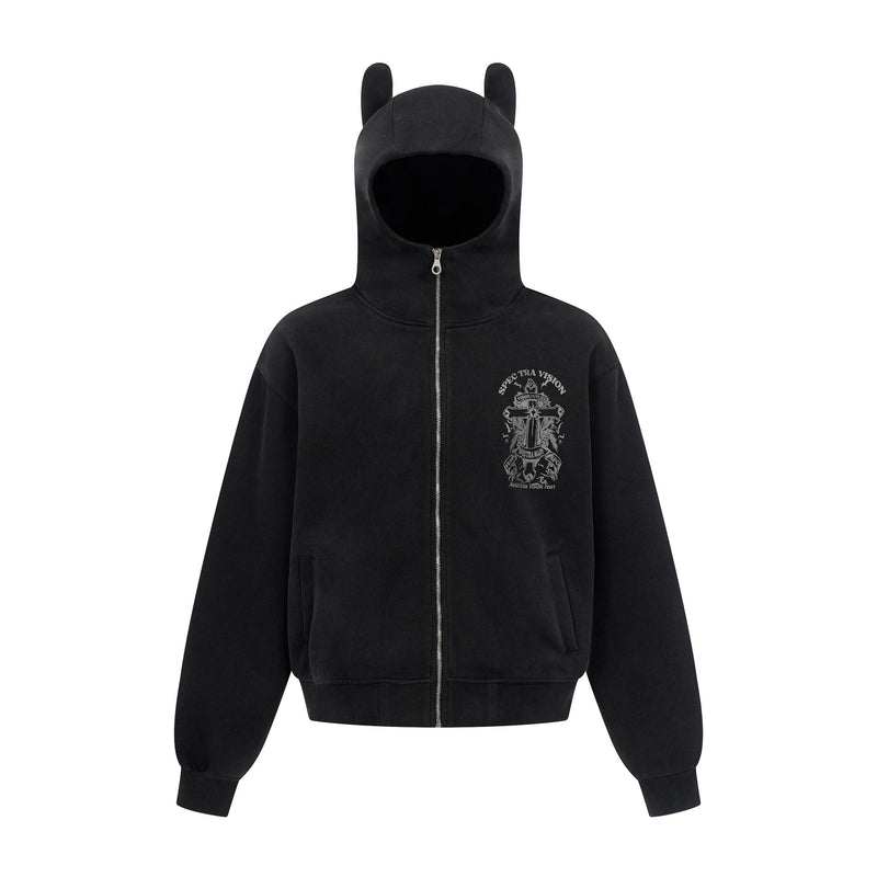 Front view of black zip hoodie with horned hood and small crest print on chest