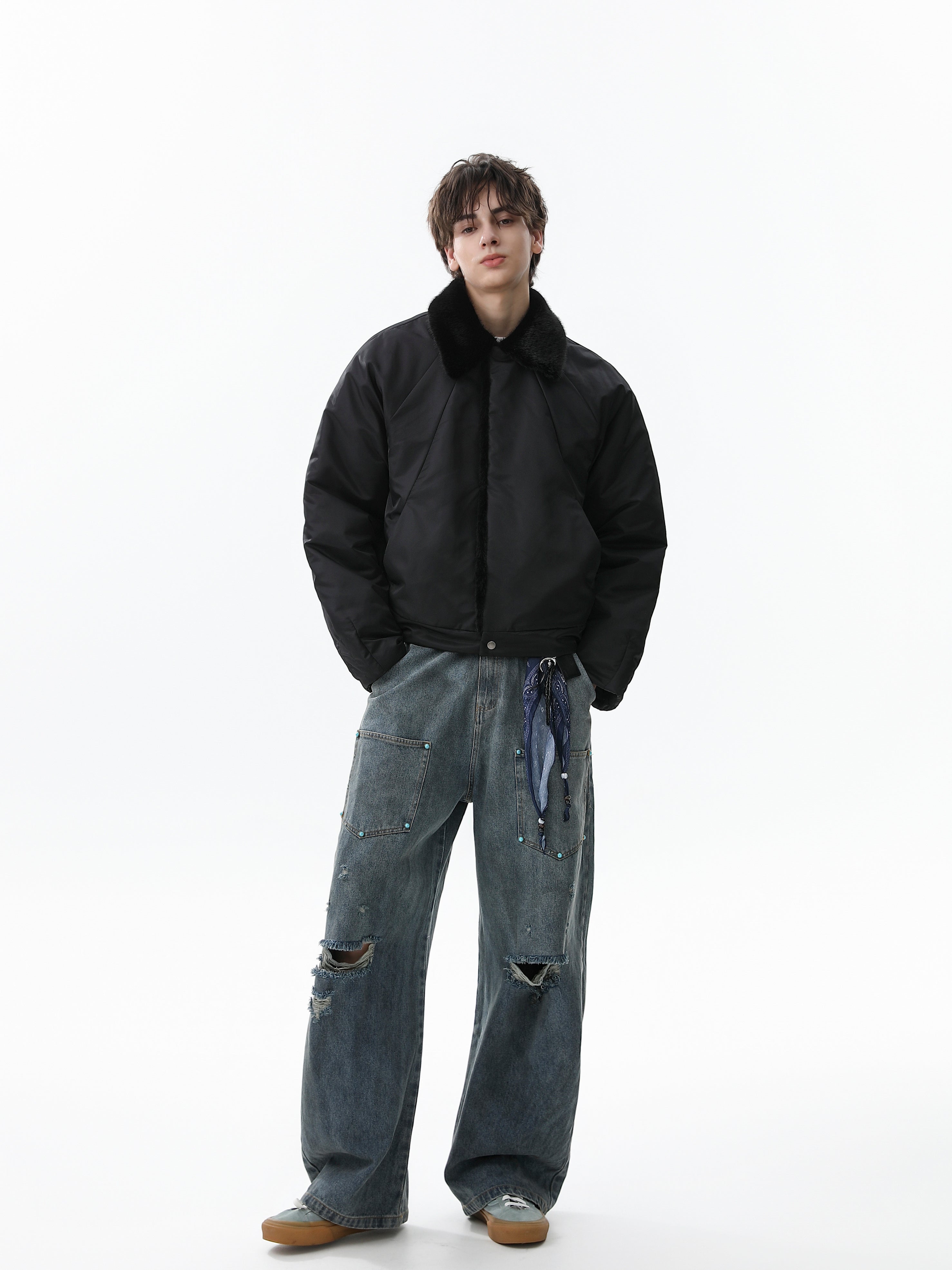Faux Fur Collar Cropped Nylon Jacket | Smoke Gray & Black