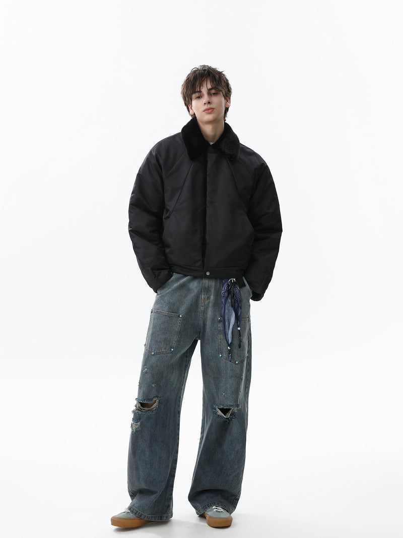 Faux Fur Collar Cropped Nylon Jacket | Smoke Gray & Black