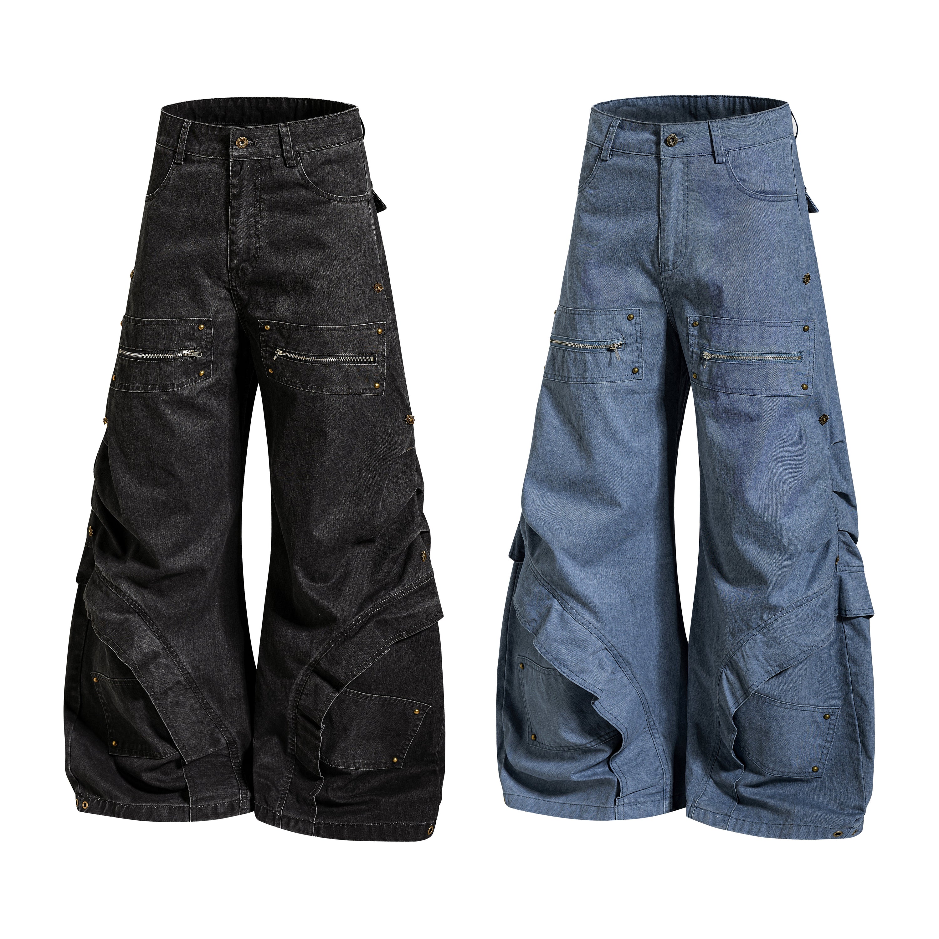 Multi-Zip Panel Cargo Denim Pants | Wide-Leg Streetwear