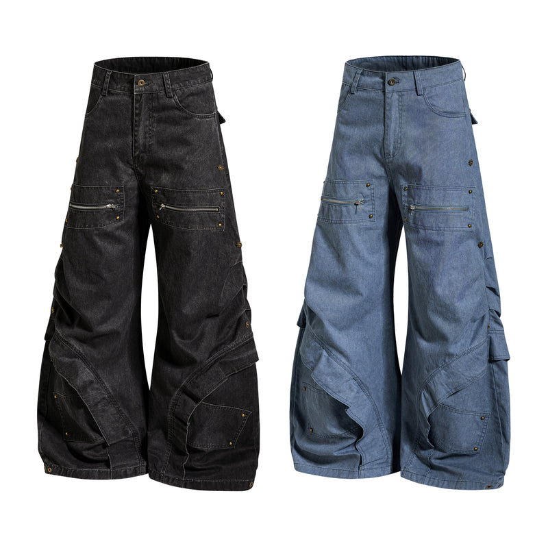 Multi-Zip Panel Cargo Denim Pants | Wide-Leg Streetwear