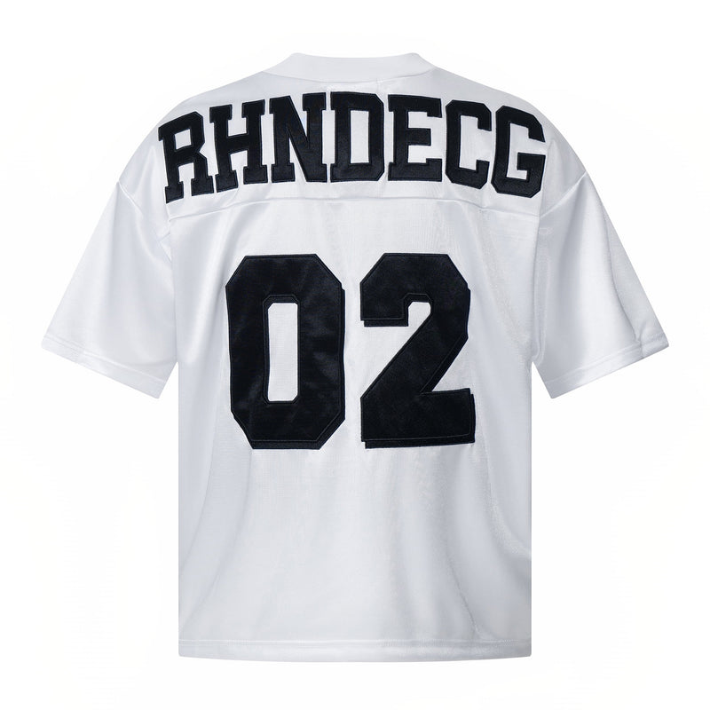 White mesh football jersey with black RHNDECG lettering and large number 02 on the back